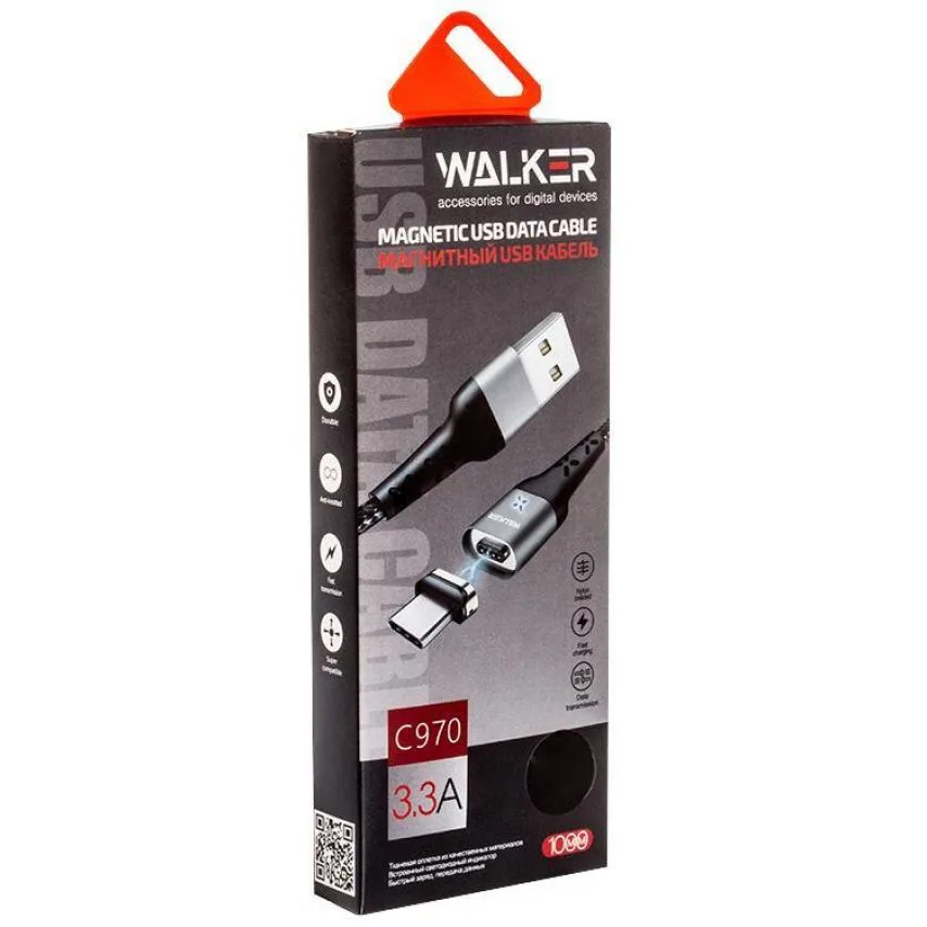 Кабель USB WALKER тканинний 1м чорний Lightning Magnetic 3,3А