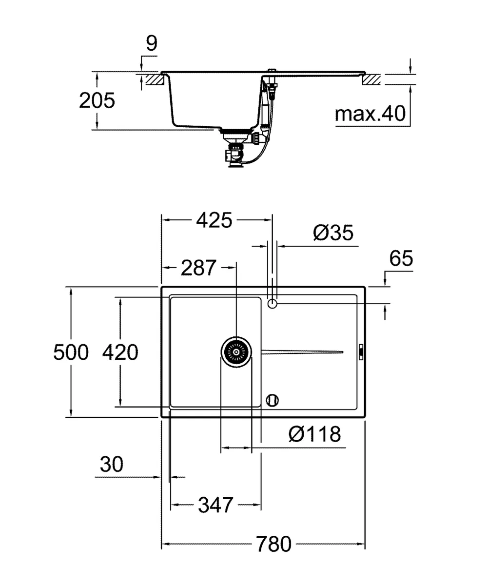 Композитна мийка Grohe штучний камінь 780х500 мм чорна матова 1 чаша 2 отвори