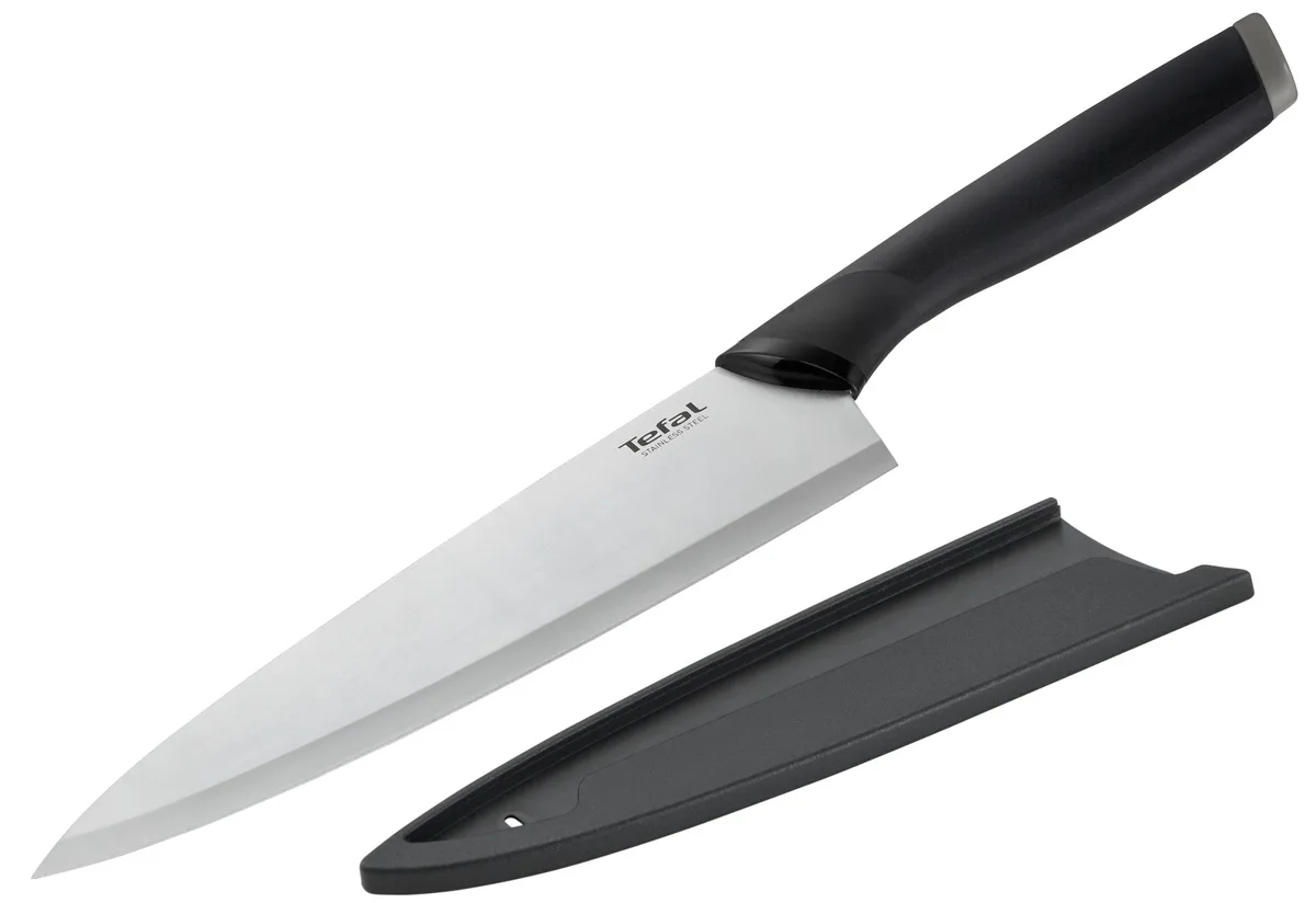 Кухонний ніж професійний Tefal Comfort, 20 см, з захисним чохлом, з нержавіючої сталі, пластиковою ручкою, чорного кольору.