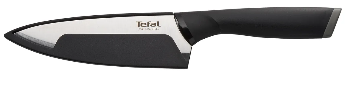 Кухонний ніж професійний Tefal Comfort, 20 см, з захисним чохлом, з нержавіючої сталі, пластиковою ручкою, чорного кольору.