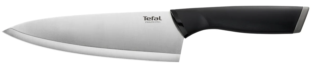 Кухонний ніж професійний Tefal Comfort, 20 см, з захисним чохлом, з нержавіючої сталі, пластиковою ручкою, чорного кольору.