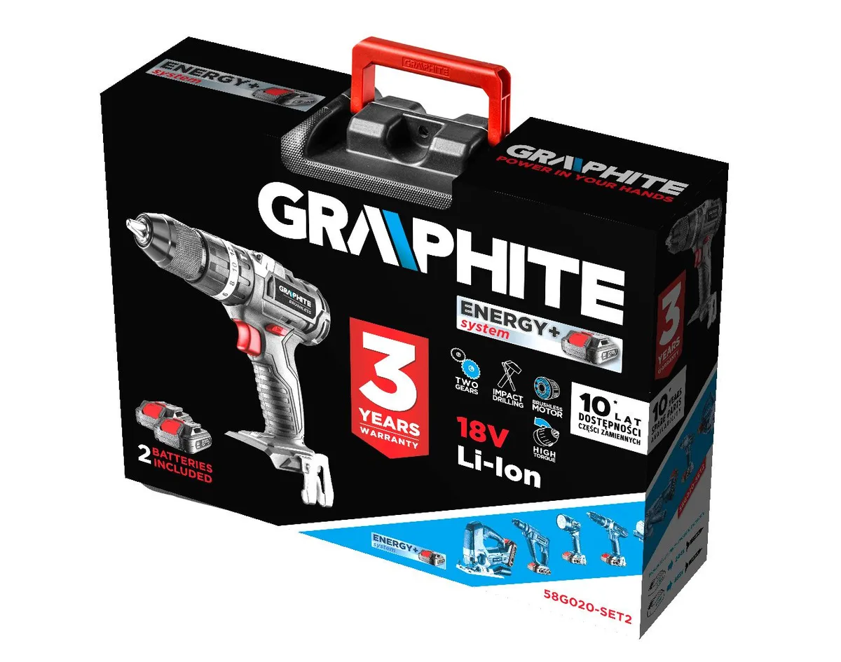 Акумуляторний шурупокрут-дриль GRAPHITE Energy+ 18В 2х2А·год 58Нм 0-500·0-1700об/хв в кейсі, вага 1.2кг.