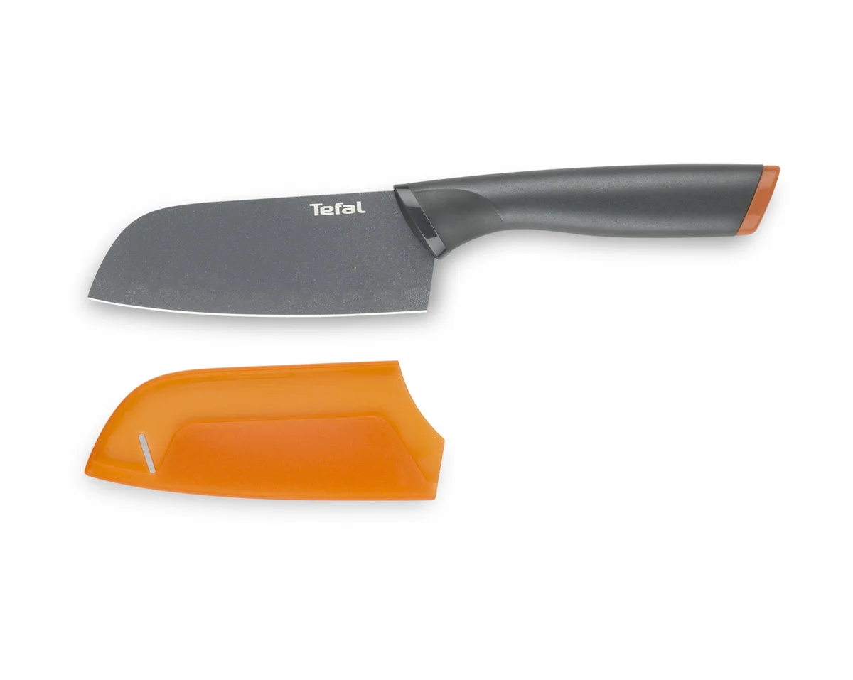 Кухонний ніж Сантоку Tefal Fresh Kitchen, 12 см, з чохлом, з нержавіючої сталі, пластиковою рукояткою, сірого кольору.
