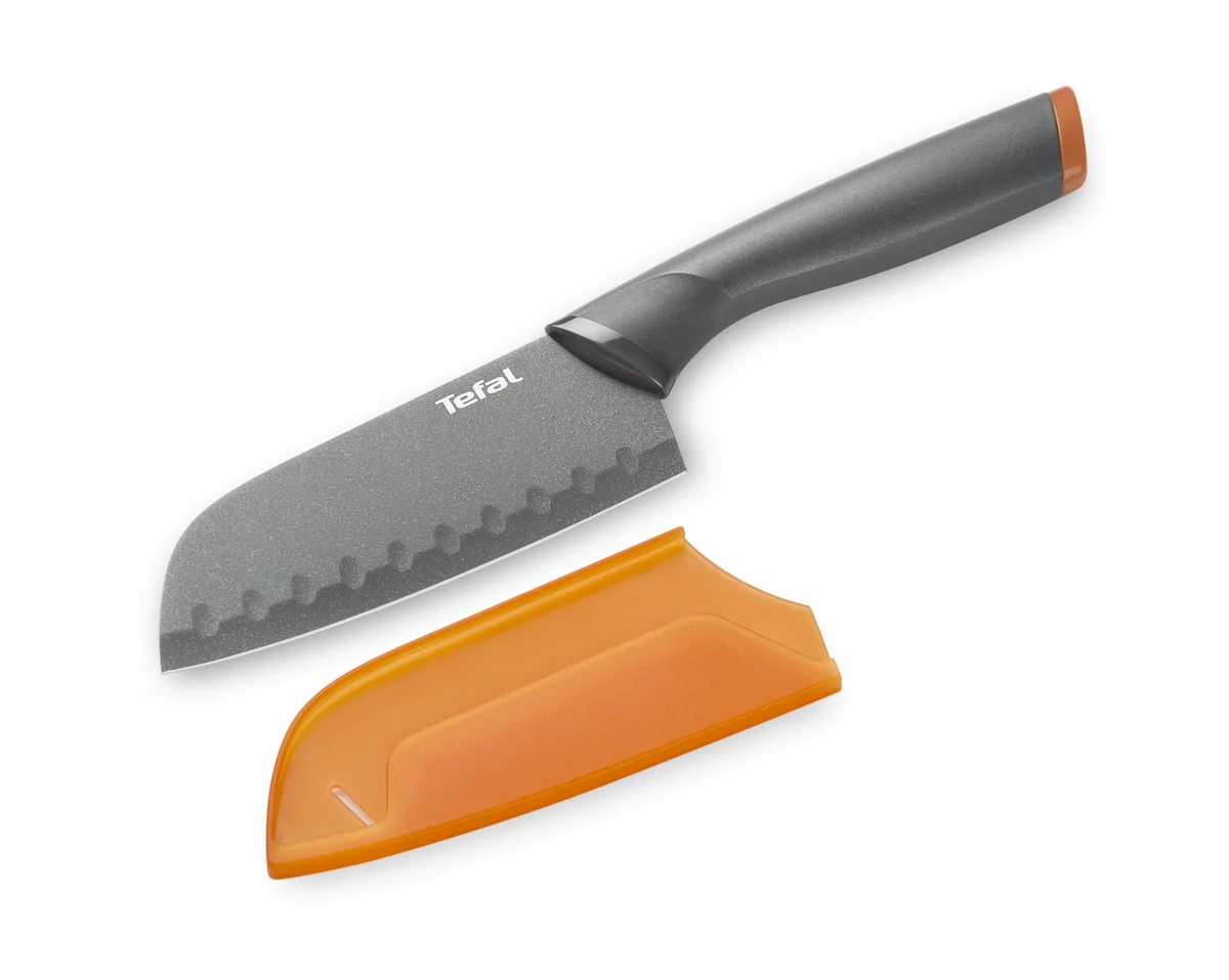 Кухонний ніж Сантоку Tefal Fresh Kitchen, 12 см, з чохлом, з нержавіючої сталі, пластиковою рукояткою, сірого кольору.