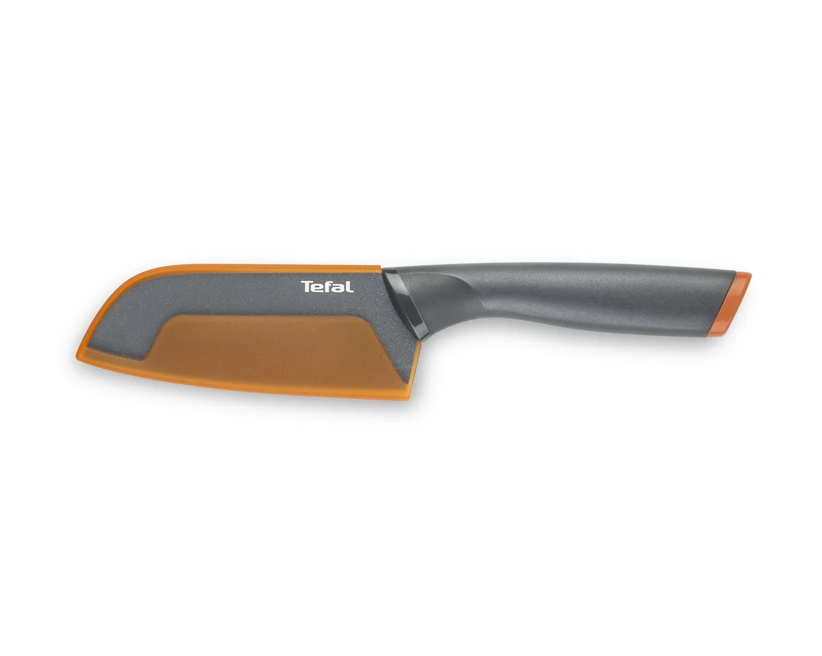 Кухонний ніж Сантоку Tefal Fresh Kitchen, 12 см, з чохлом, з нержавіючої сталі, пластиковою рукояткою, сірого кольору.