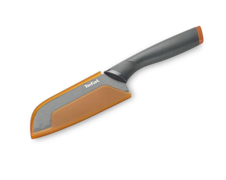 Кухонний ніж Сантоку Tefal Fresh Kitchen, 12 см, з чохлом, з нержавіючої сталі, пластиковою рукояткою, сірого кольору.