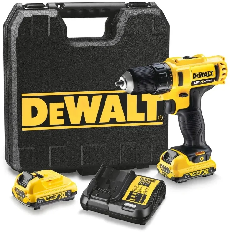 Акумуляторна дриль-шурупокрут DeWalt XR Li-Ion 12В, 2 батареї по 2А·год, 24Нм, 400-1500 об/хв, патрон 10мм, кейс, вага 1.1 кг.