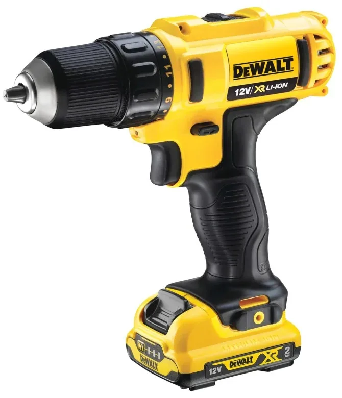 Акумуляторна дриль-шурупокрут DeWalt XR Li-Ion 12В, 2 батареї по 2А·год, 24Нм, 400-1500 об/хв, патрон 10мм, кейс, вага 1.1 кг.