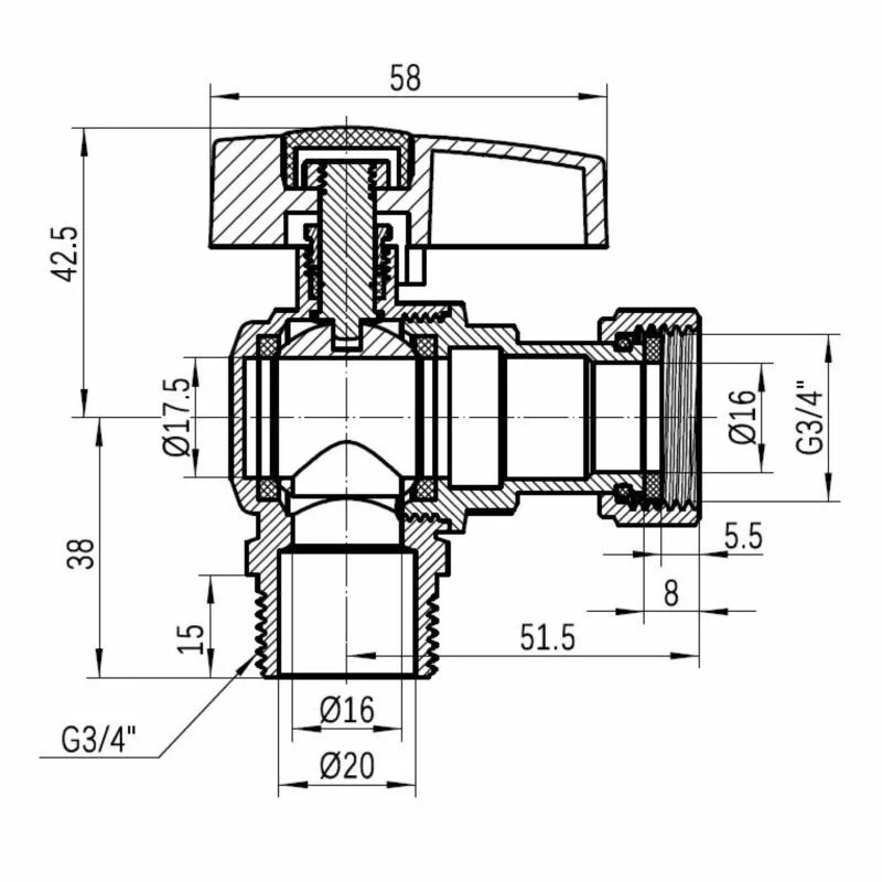 Кран кульовий Thermo Alliance TAS224W20 3/4" латунь кутовий з накидною гайкою
