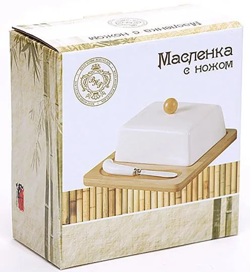 Масленка Bona фарфоровая 14,5х14,5х8,5 см белая с бамбуковым блюдцем и ножом для масла