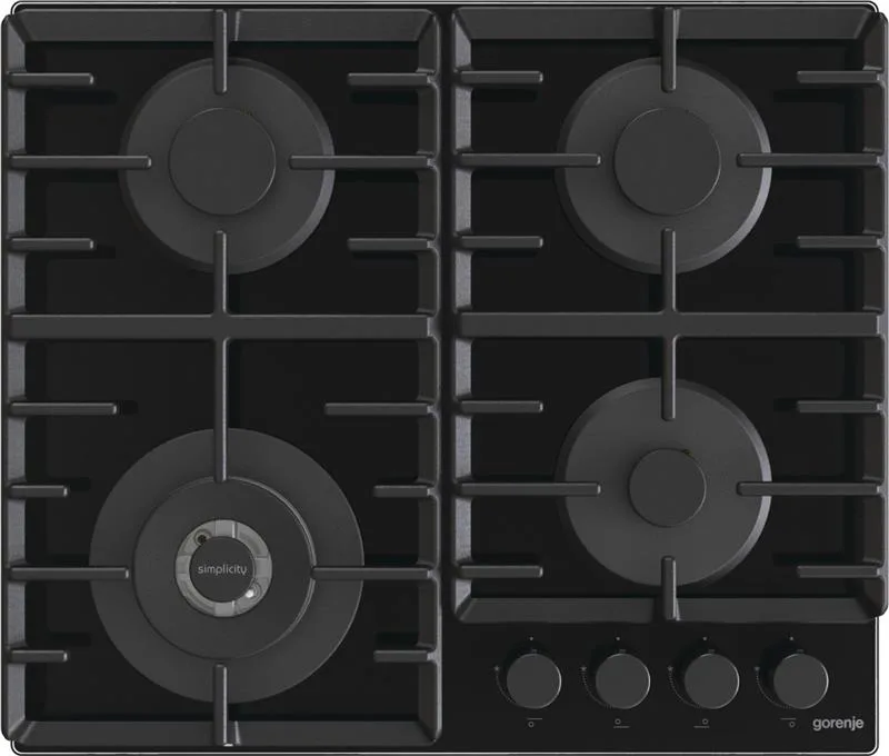 Газова варильна поверхня Gorenje на склі, 60 см, з чавунними решітками, чорного кольору.