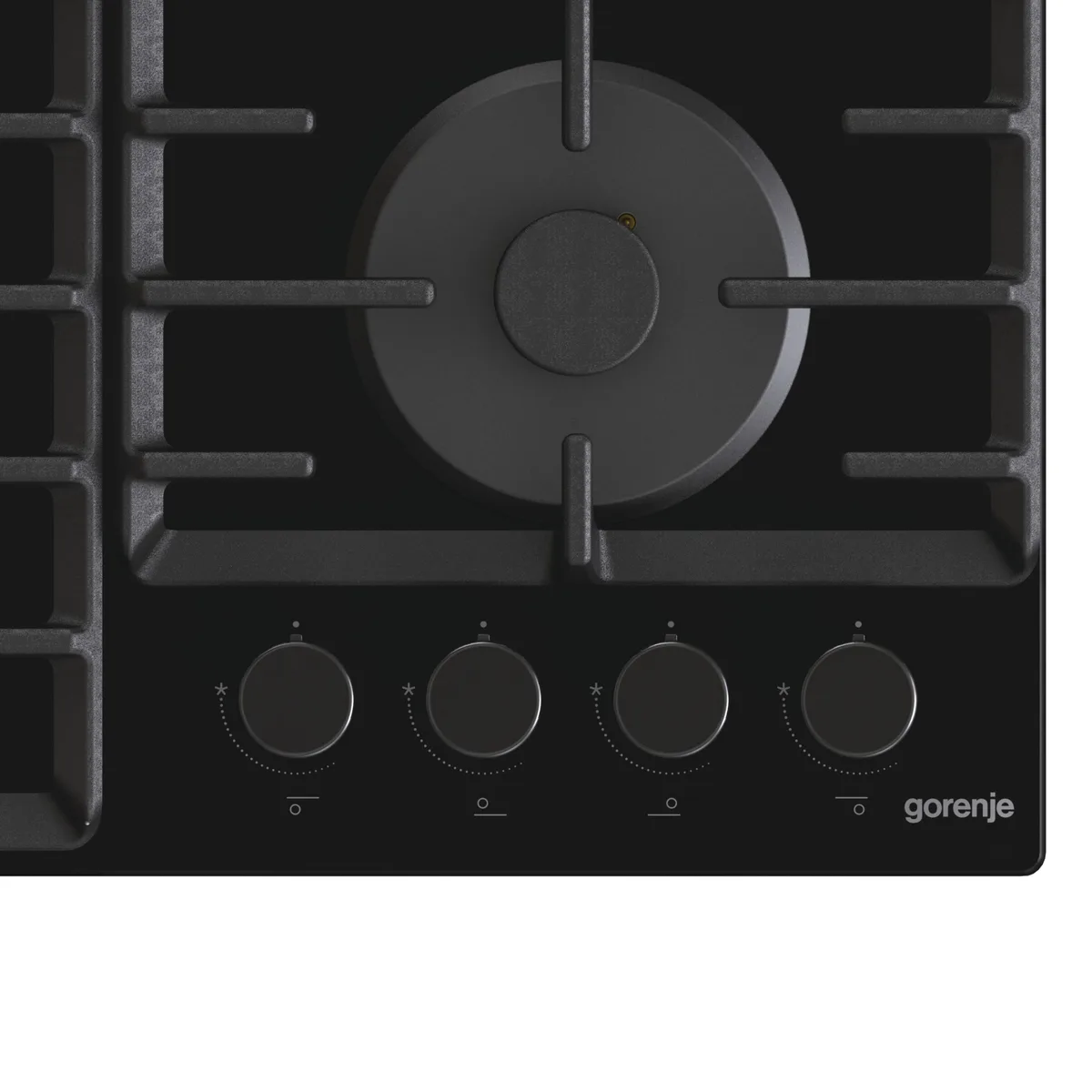 Газова варильна поверхня Gorenje на склі, 60 см, з чавунними решітками, чорного кольору.