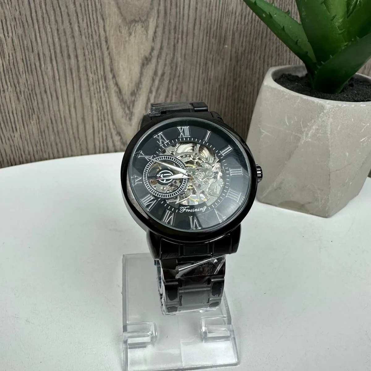 Мужские механические часы Forsining Skeleton S838-2 черная сталь 4,2x1,3 см