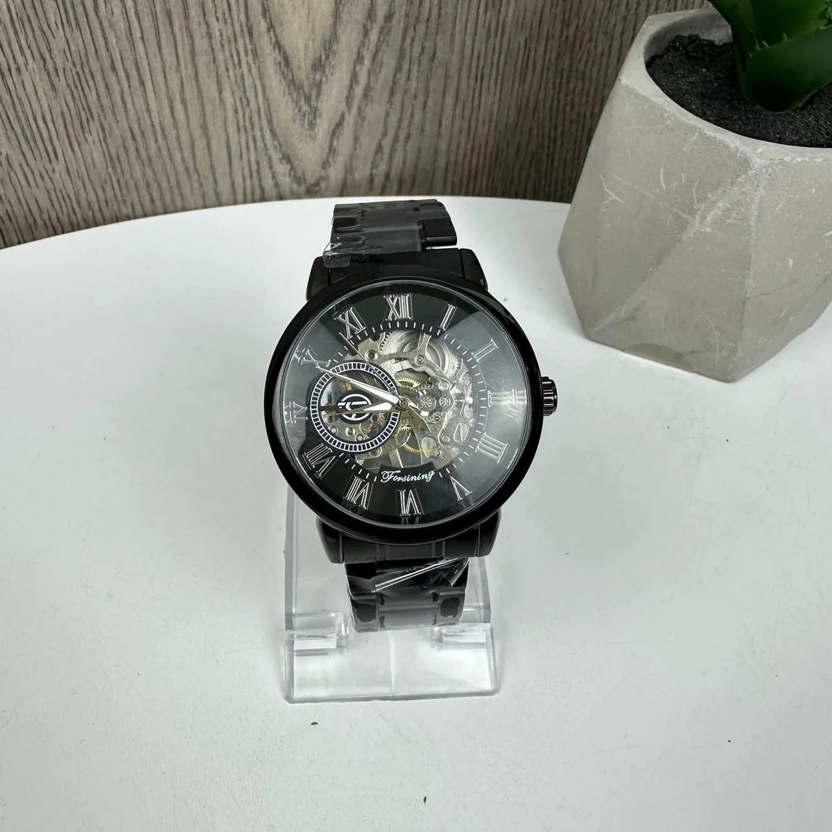 Мужские механические часы Forsining Skeleton S838-2 черная сталь 4,2x1,3 см