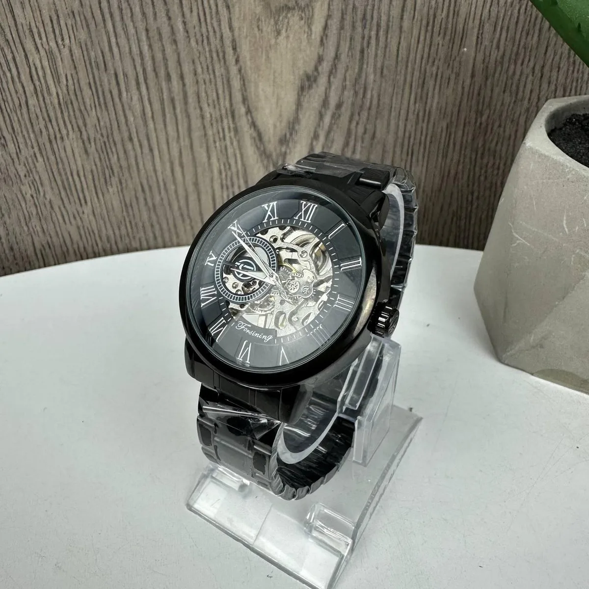 Мужские механические часы Forsining Skeleton S838-2 черная сталь 4,2x1,3 см