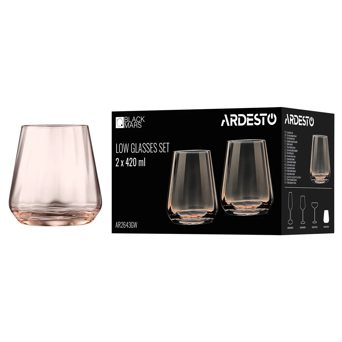 Набір низьких склянок ARDESTO Black Mars Altair 420 мл, 2 шт, скло, з золотистим декором.
