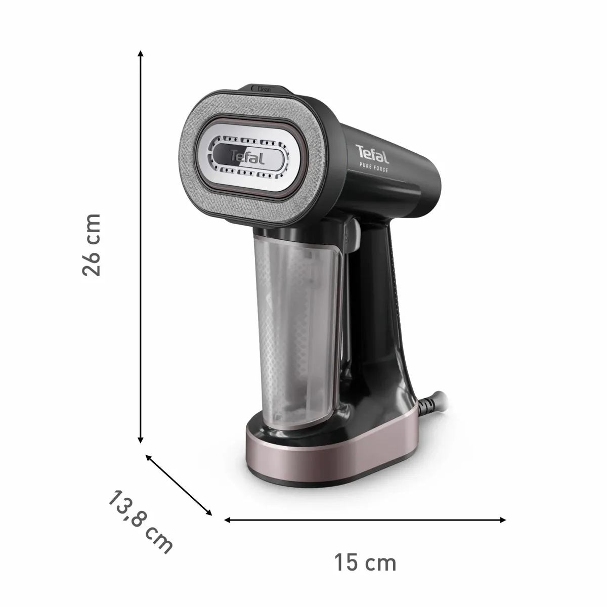 Парогенератор Tefal компактний Pure Force 3в1, 1800Вт, 180мл, постійна подача пари - 35гр, керамічна підошва, чорний з рожевими ак