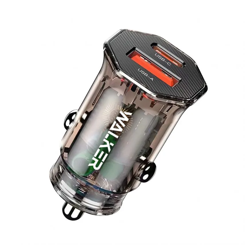 Автомобільний зарядний пристрій WALKER пластик 38х20х28 мм прозорий 30W 24W