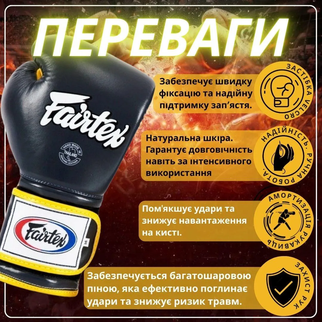 Боксерські рукавиці Fairtex натуральна шкіра 18 унцій сині жовті