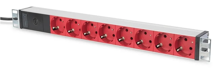 Пристрій розподілу електроживлення DIGITUS 1U, 8xSchuko red, 10A, 250V, запобіжник, вилка C14