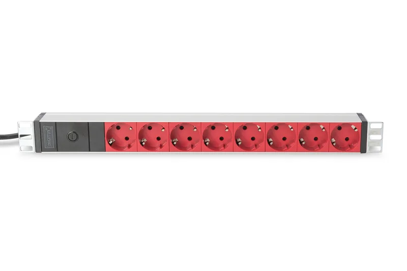 Пристрій розподілу електроживлення DIGITUS 1U, 8xSchuko red, 10A, 250V, запобіжник, вилка C14