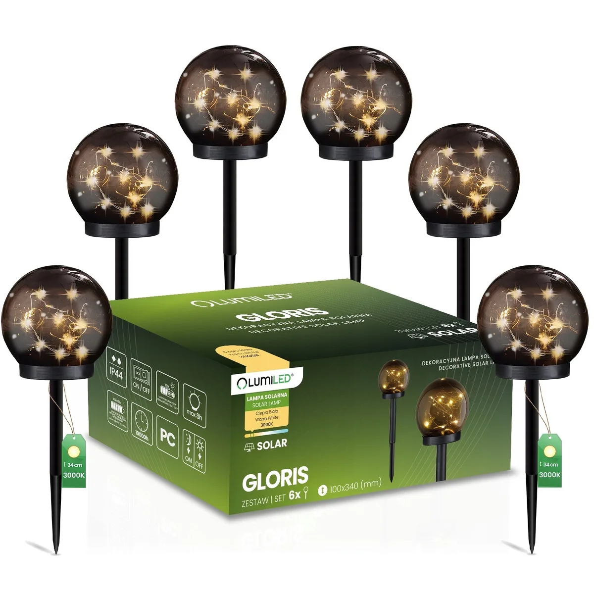Садові сонячні LED кулі LumiLED 10 см чорні 6 шт тепле світло IP44
