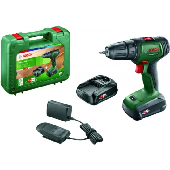 Акумуляторний шурупокрут-дриль Bosch UniversalDrill 18В, 2 батареї по 1.5Ач, 40Нм, 440/1450 об/хв, в кейсі, вага 1.2 кг.