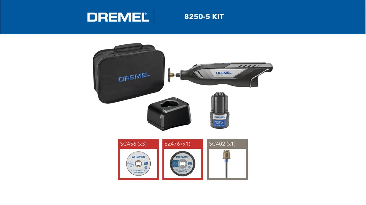 Акумуляторна шліфувально-гравірувальна машина Dremel 8250-5, 12В, 1х2А·год, 5000-30000 об/хв, вага 0.59 кг.