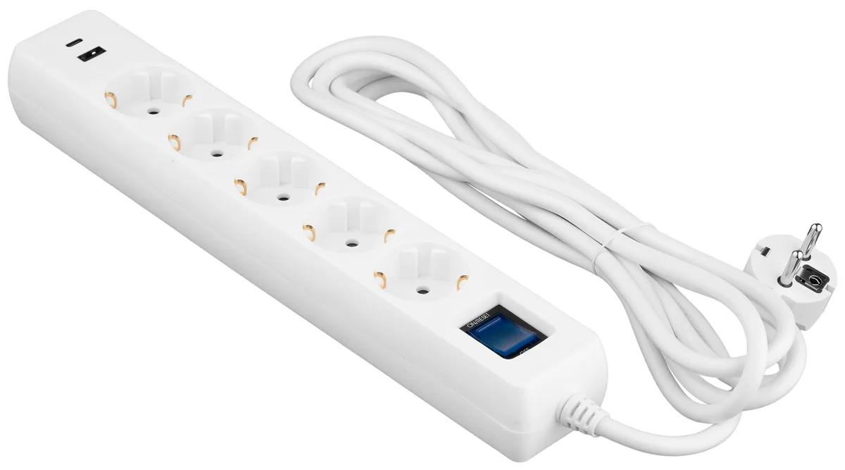Подовжувач мережевий 2E 3м, 5xТипF, 16A, 1xUSB-A,1xUSB-C, фільтр, білий