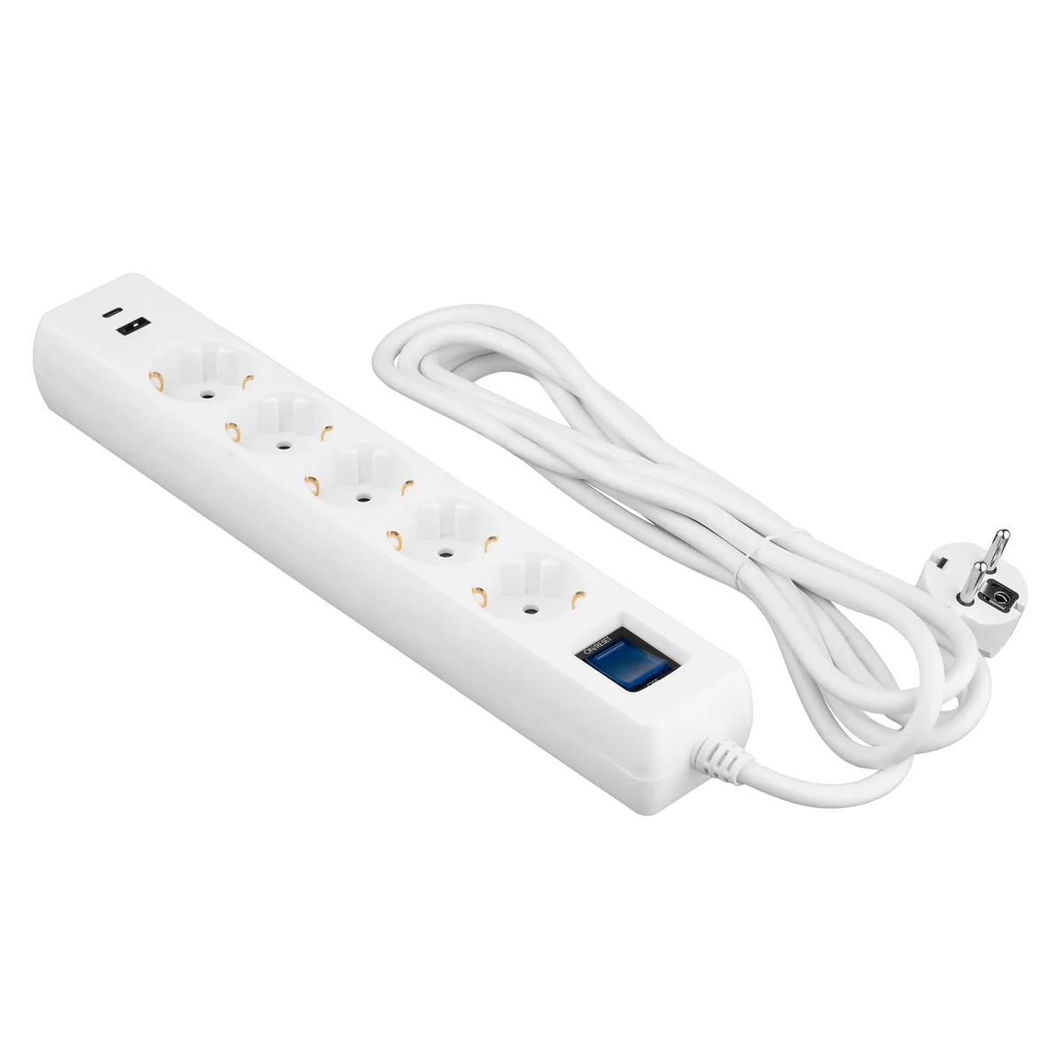 Подовжувач мережевий 2E 3м, 5xТипF, 16A, 1xUSB-A,1xUSB-C, фільтр, білий