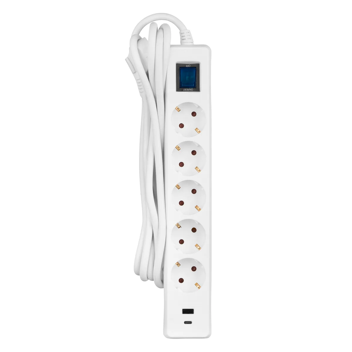 Подовжувач мережевий 2E 3м, 5xТипF, 16A, 1xUSB-A,1xUSB-C, фільтр, білий