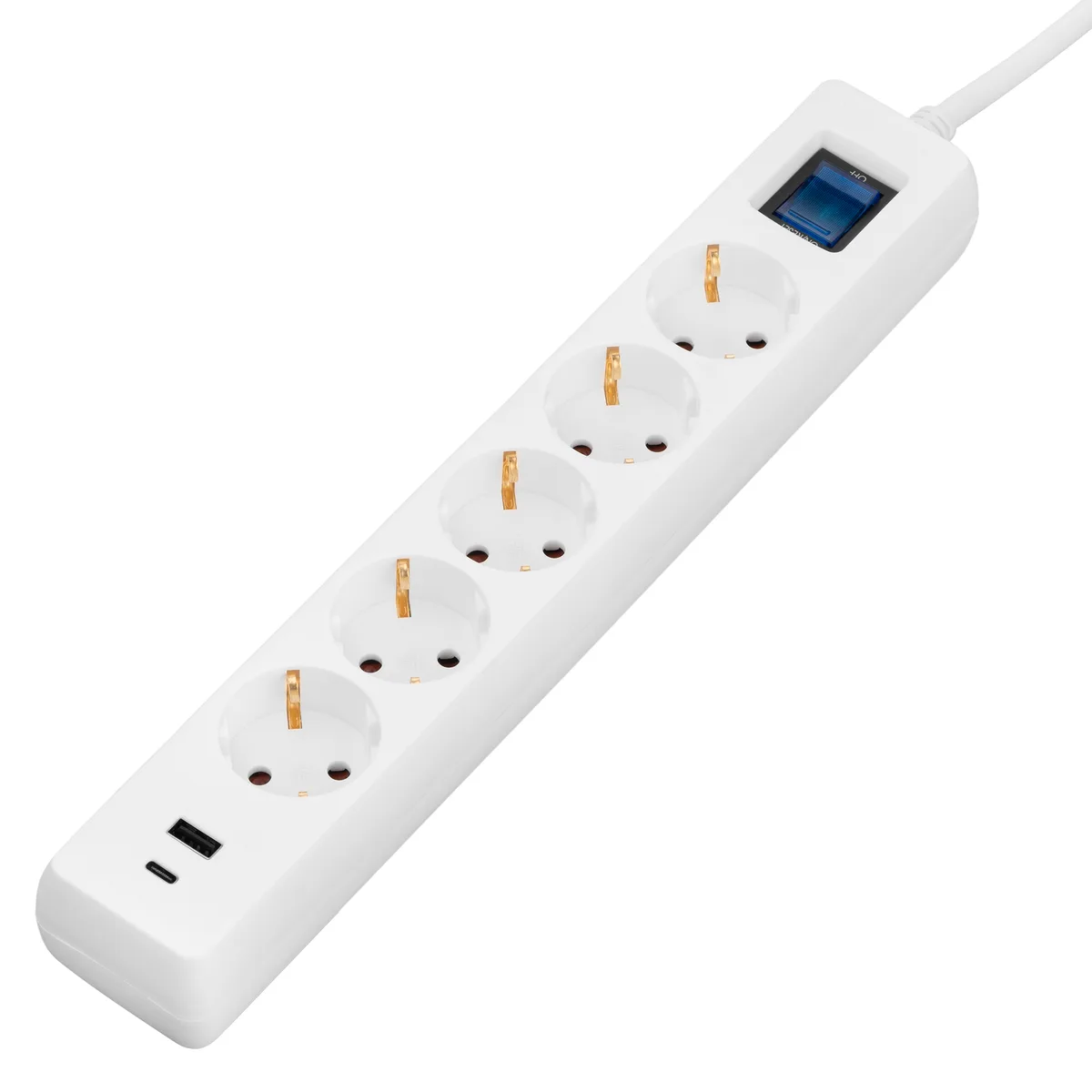 Подовжувач мережевий 2E 3м, 5xТипF, 16A, 1xUSB-A,1xUSB-C, фільтр, білий