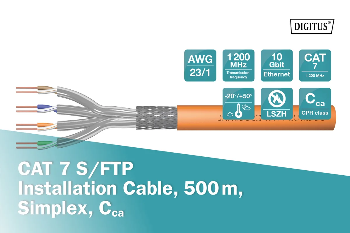 Кабель "витая пара" DIGITUS CAT 7 S-FTP, 500м, AWG 23/1, LSZH, оранжевый