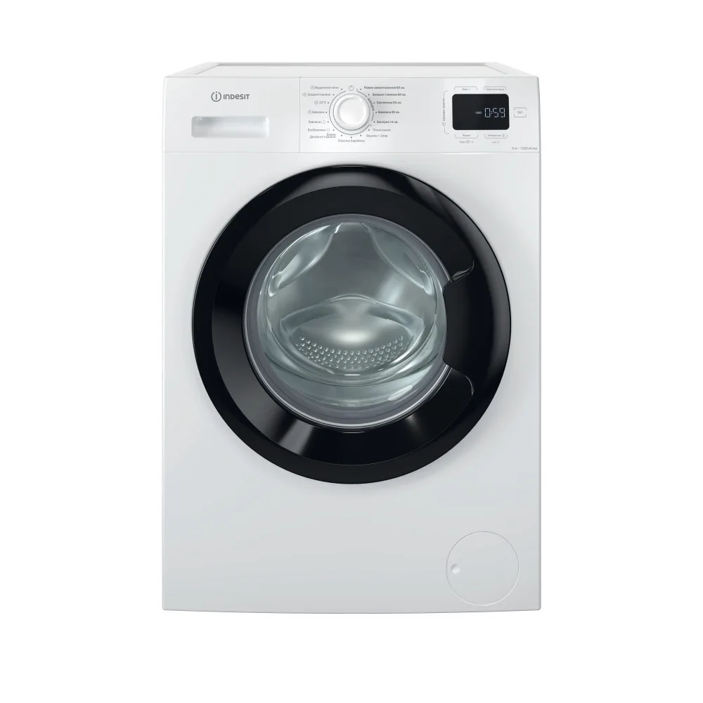 Стиральная машина Indesit фронтальной загрузки, 6 кг, 1200 об/мин, класс энергоэффективности A+++, глубина 446 см, с дисплеем, функцией пара, инверторным мотором, черным люком, белый корпус