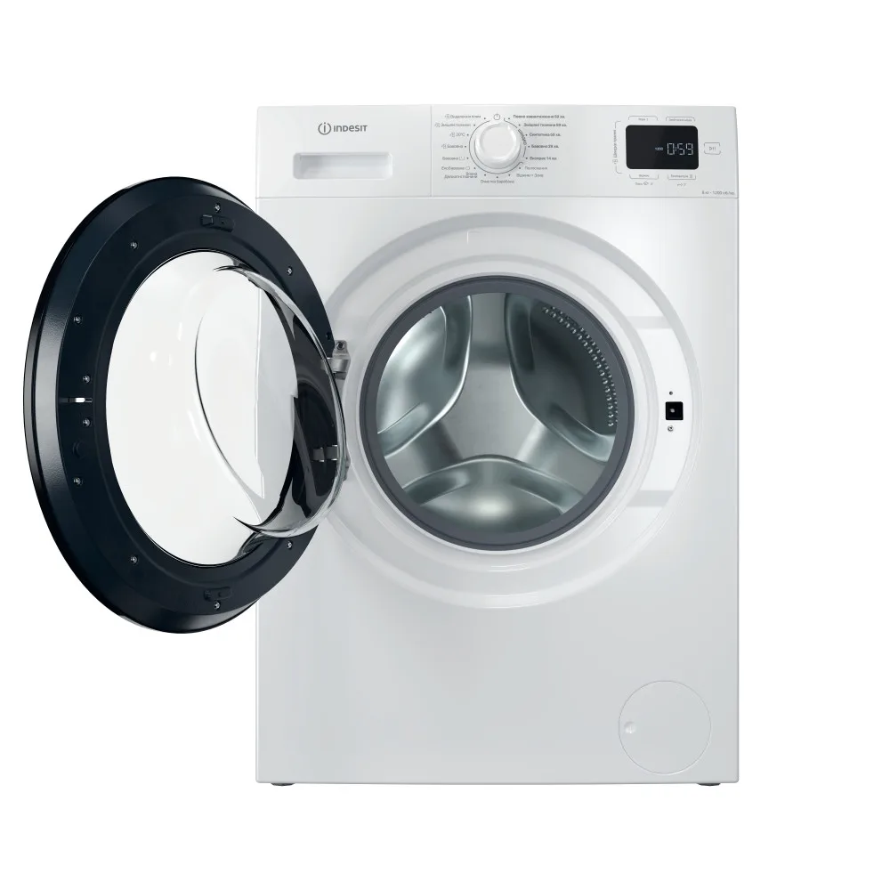 Стиральная машина Indesit фронтальной загрузки, 6 кг, 1200 об/мин, класс энергоэффективности A+++, глубина 446 см, с дисплеем, функцией пара, инверторным мотором, черным люком, белый корпус