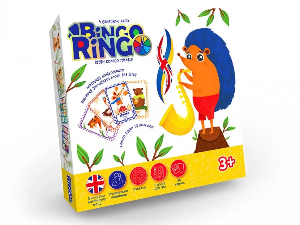 Дитяча настільна гра Bingo Ringo 8 ігрових полів 56 карток рулетка кольорова