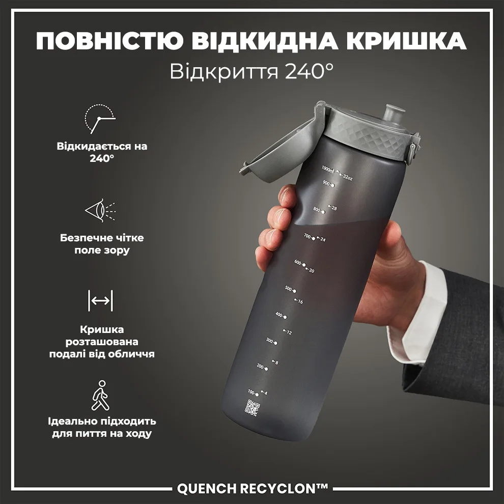 Пляшка для води ION8 Recyclon 1000 мл Сіра BPA Free