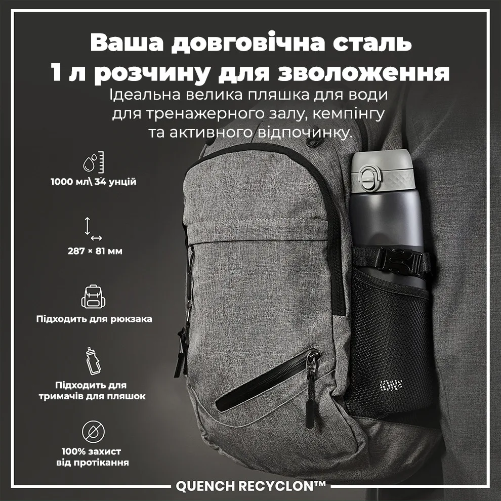 Пляшка для води ION8 Recyclon 1000 мл Сіра BPA Free