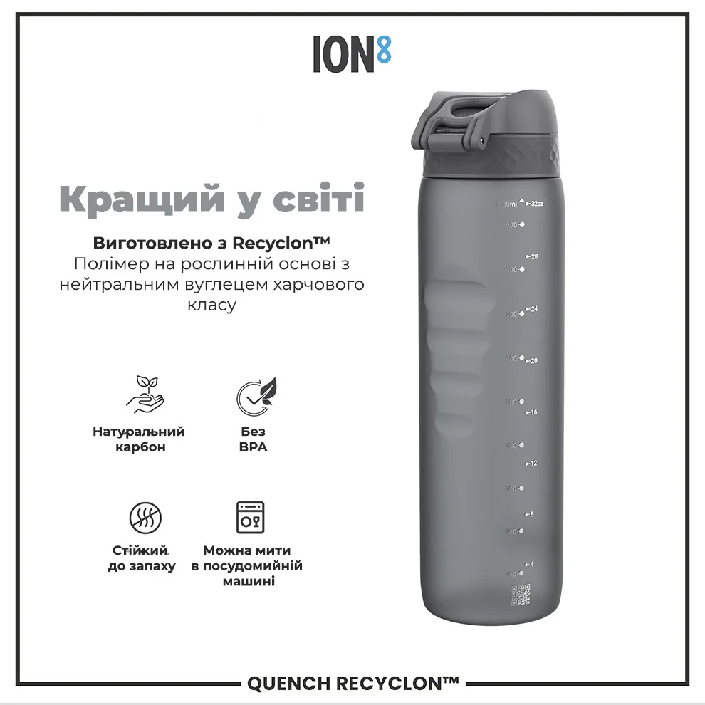 Пляшка для води ION8 Recyclon 1000 мл Сіра BPA Free