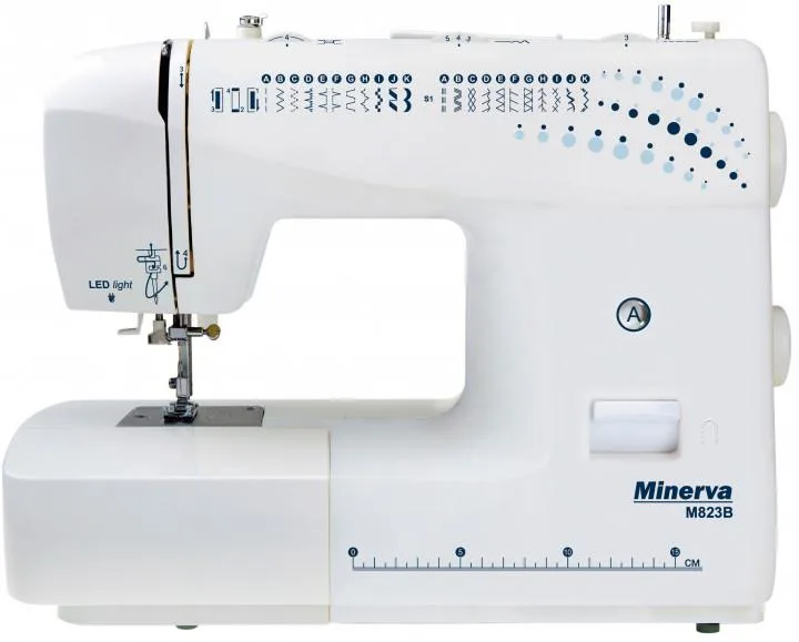 Швейна машина MINERVA M823B, електромеханічна, потужність 85 Вт, 26 типів швів, напівавтоматична петля, білий з синім.