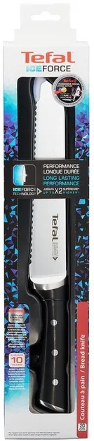 Ніж для хліба Tefal Ice Force, 20 см, з нержавіючої сталі, пластиковою ручкою, чорного кольору.