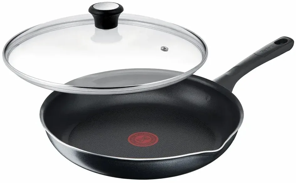 Сковорода з кришкою Tefal Day by Day, 24 см, алюмінієва, з бакелітовою ручкою та скляною кришкою, чорного кольору.