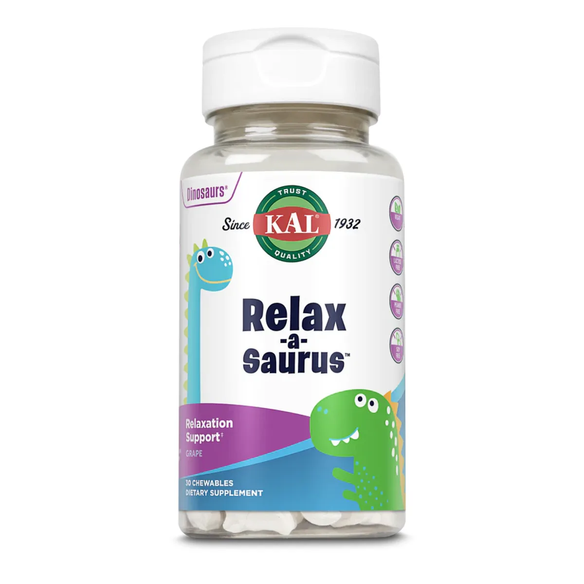 Жевательные конфеты KAL Relax-a-Saurus 30 штук Виноградные с L-теанином и ромашкой