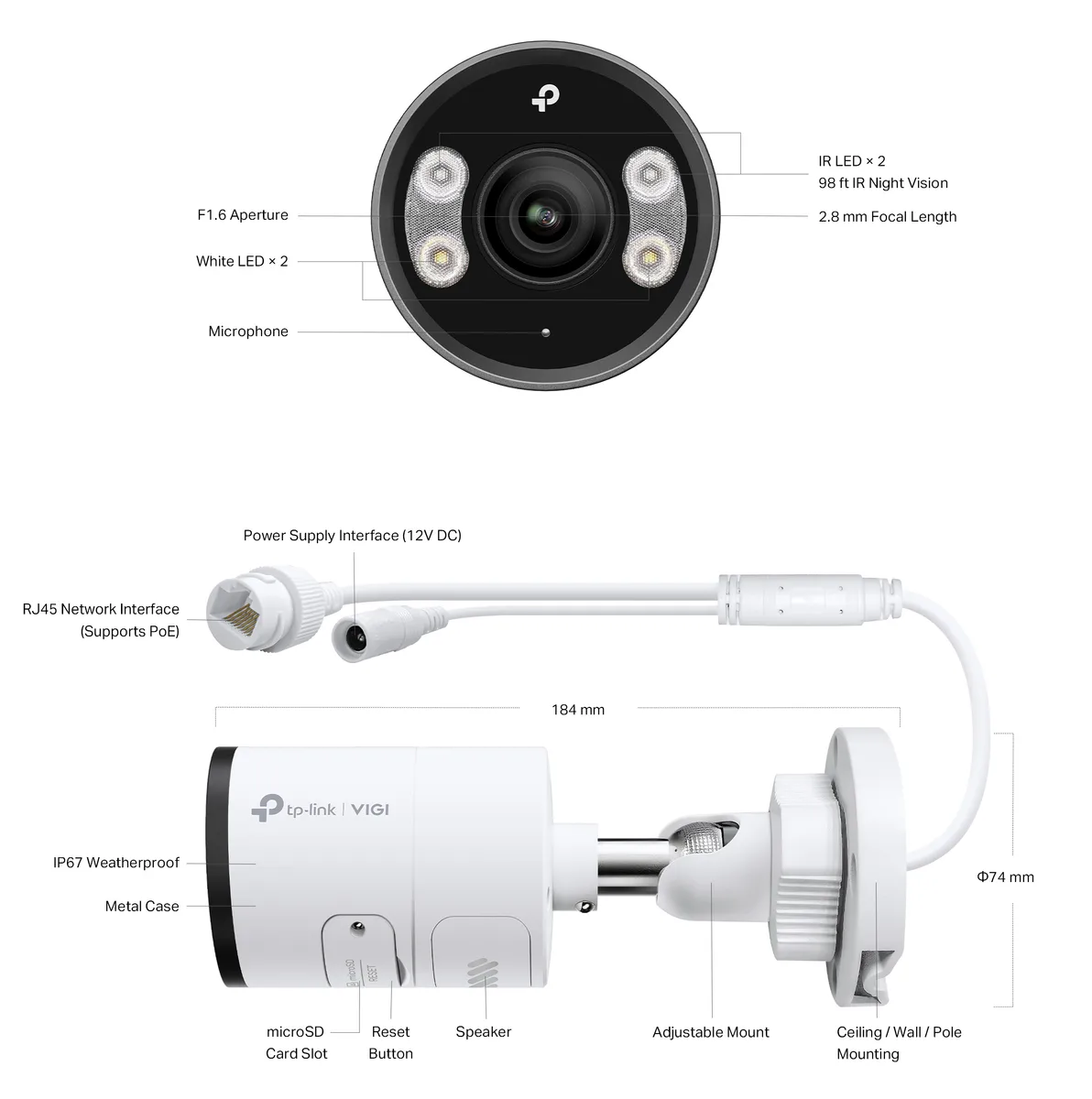 IP-камера TP-LINK VIGI C345-2,8, PoE, 4 Мп, 2,8 мм, H265+, IP66, Bullet, цветное ночное видение, наружная.