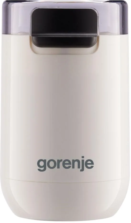 Кавомолка Gorenje роторна 150Вт, ємність для зерен 45г, 3 рівні помолу, пластиковий/металевий корпус, білий колір.