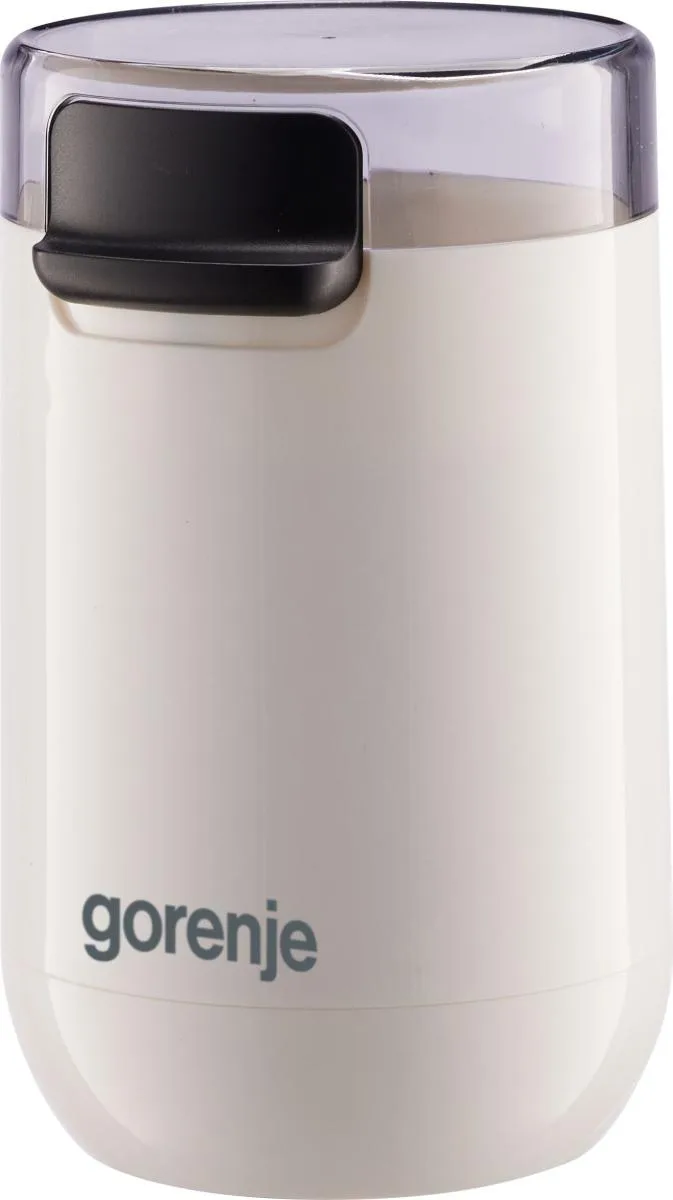 Кавомолка Gorenje роторна 150Вт, ємність для зерен 45г, 3 рівні помолу, пластиковий/металевий корпус, білий колір.