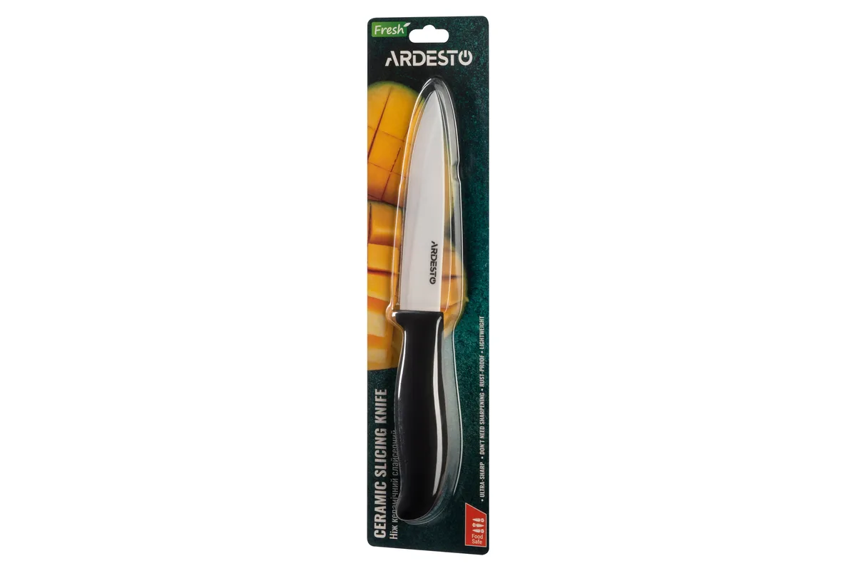 Керамический нож для нарезки ARDESTO Fresh, 125 см, с пластикой ручкой, черного цвета.