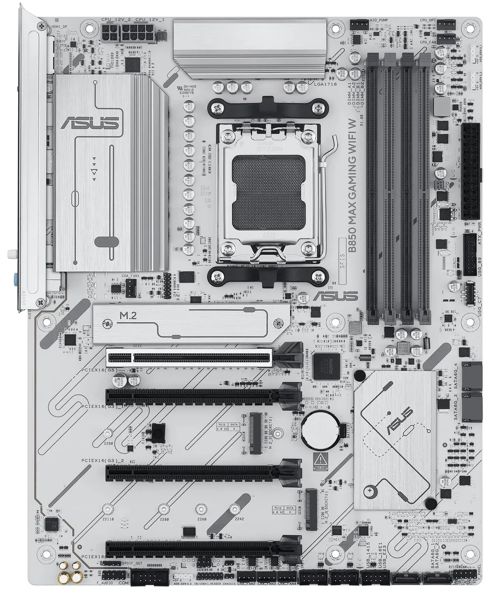 Материнcька плата ASUS B850 MAX GAMING WIFI W sAM5 B850 4xDDR5 M.2 HDMI DP Wi-Fi BT ATX білий