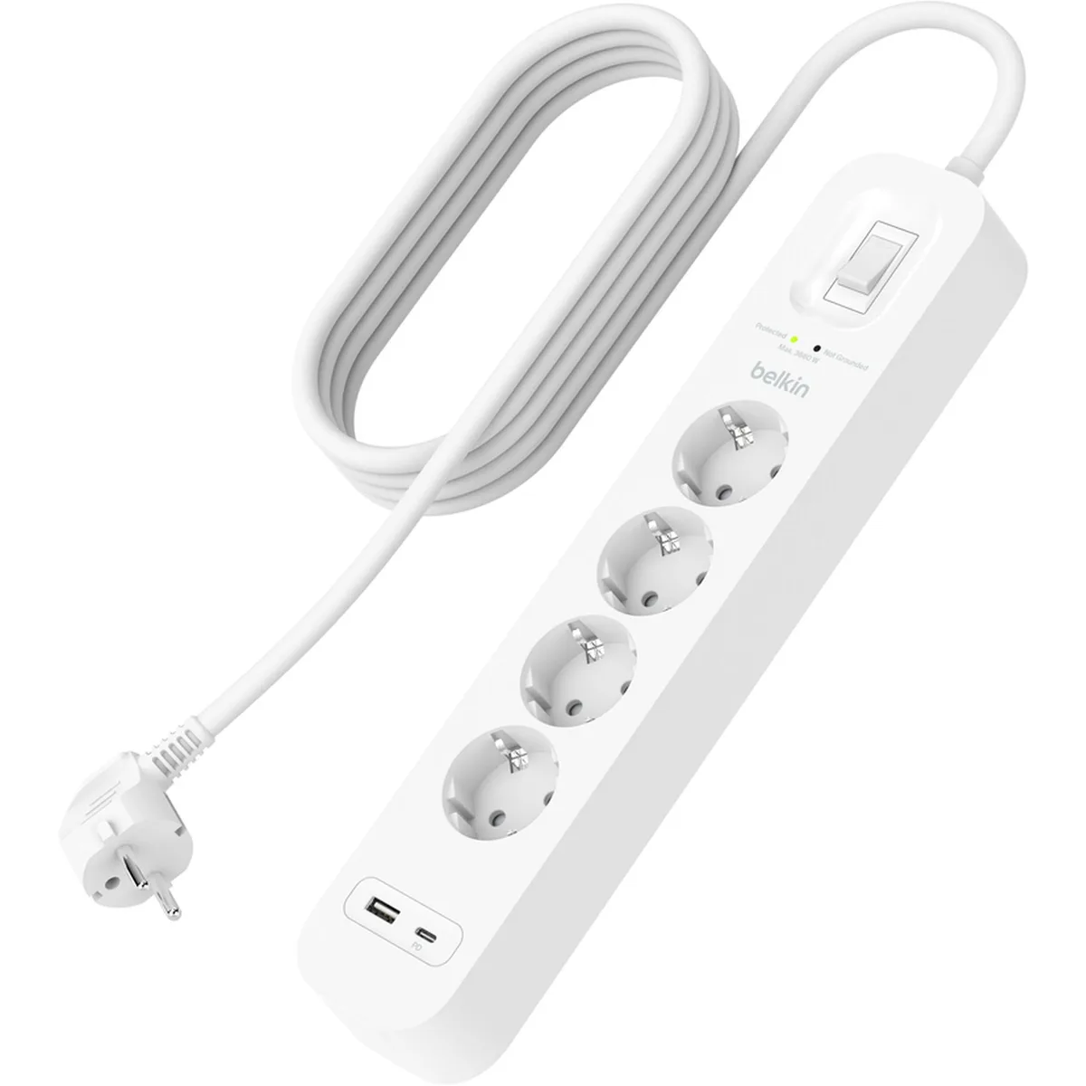 Подовжувач мережевий Belkin 2м 4хТипF 16А USB-A USB-C 18Вт Білий