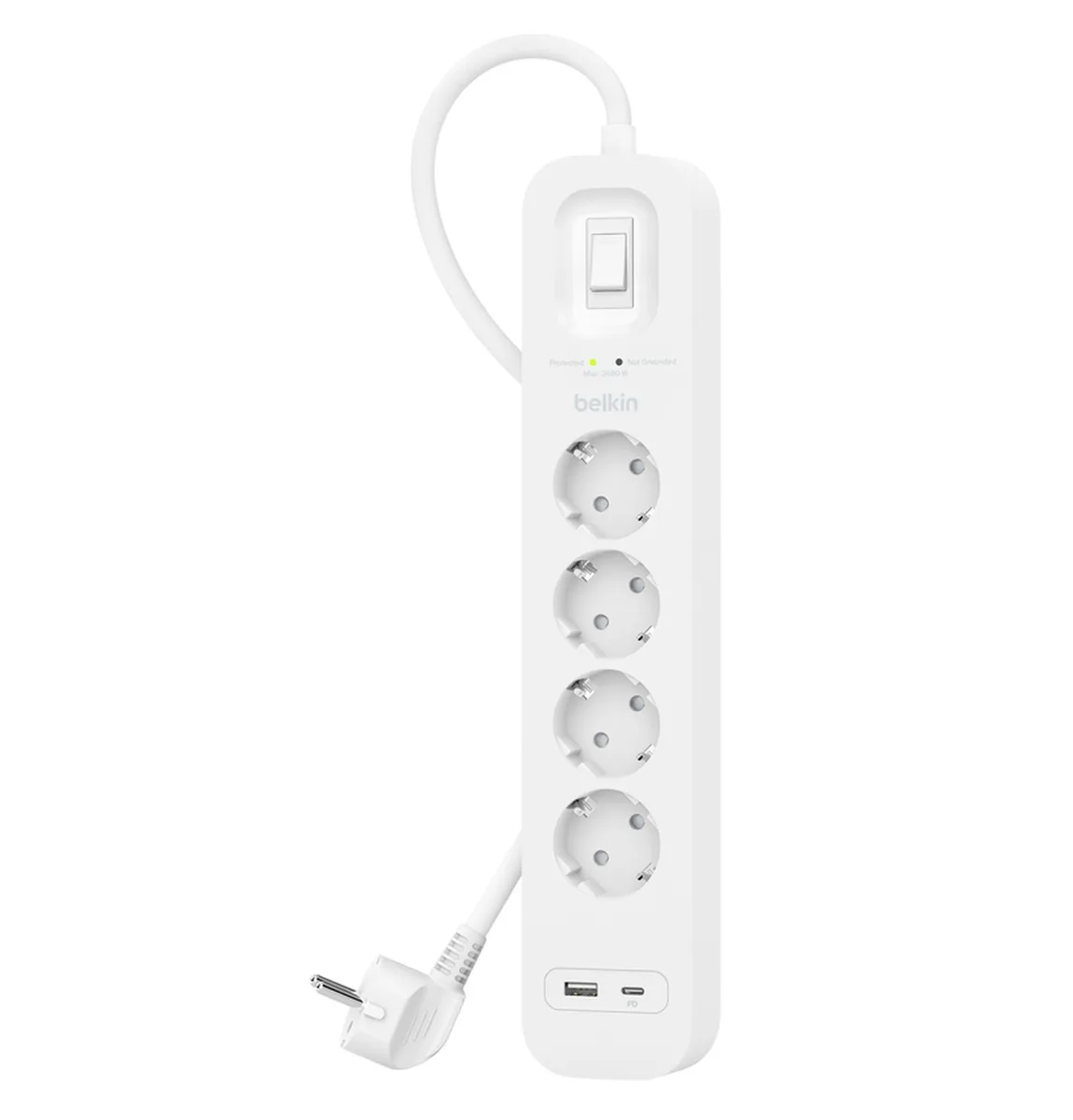 Подовжувач мережевий Belkin 2м 4хТипF 16А USB-A USB-C 18Вт Білий